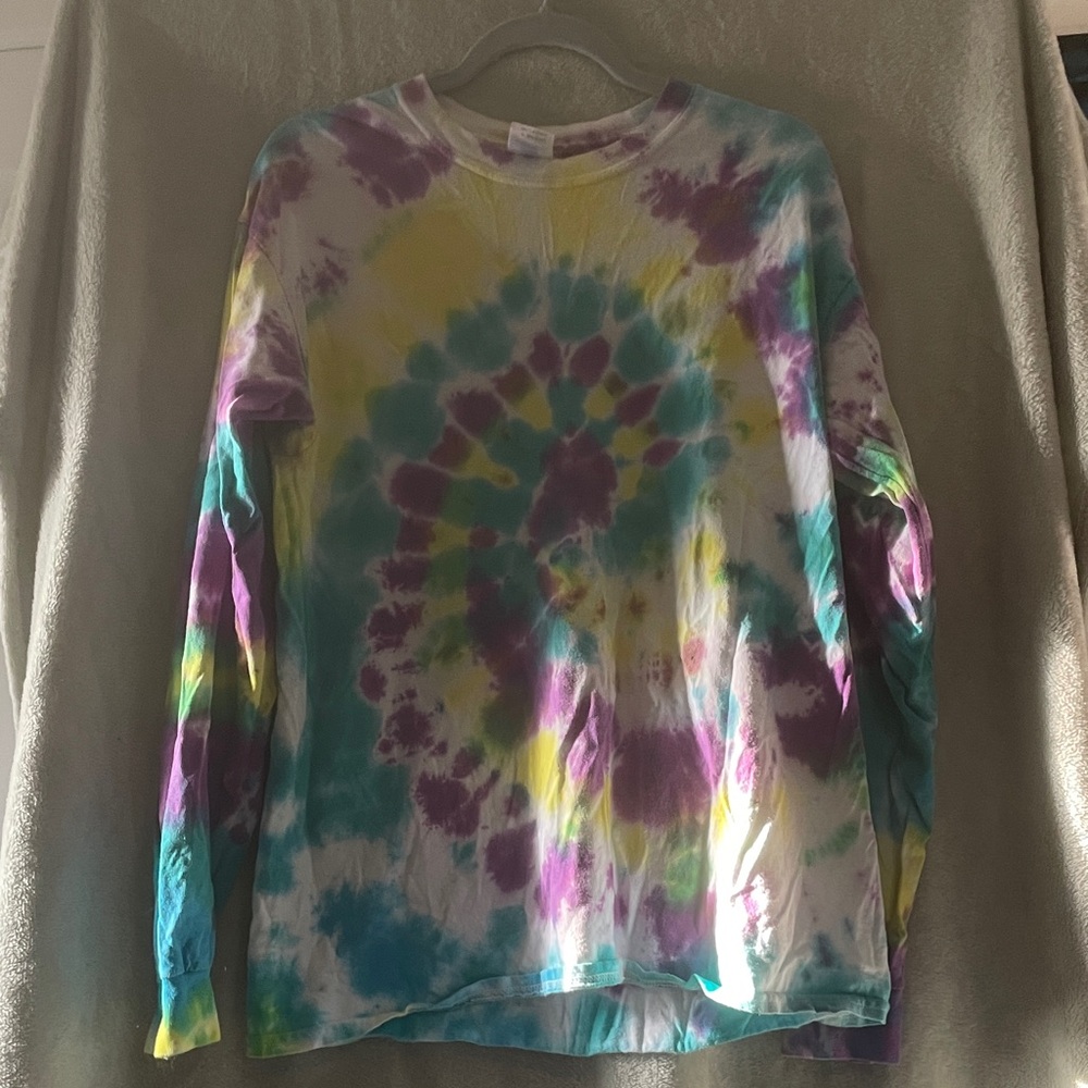 Gildan Long Sleeve Tie-Dye Tee in Purple, Teal & Yellow